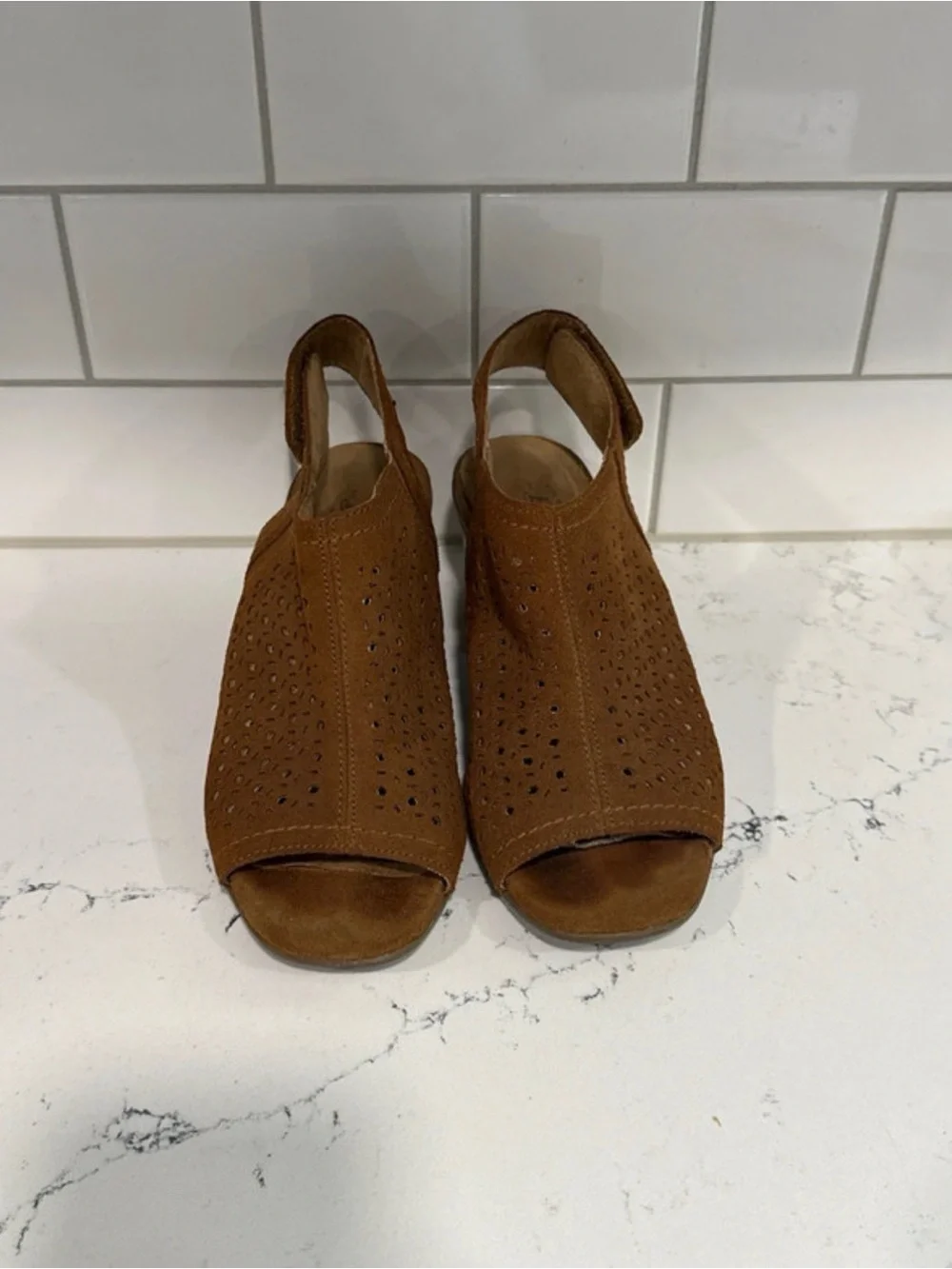 G.H. Bass & Co. Tan Suede Peep-Toe Laser-Cut Block Heel Sandals